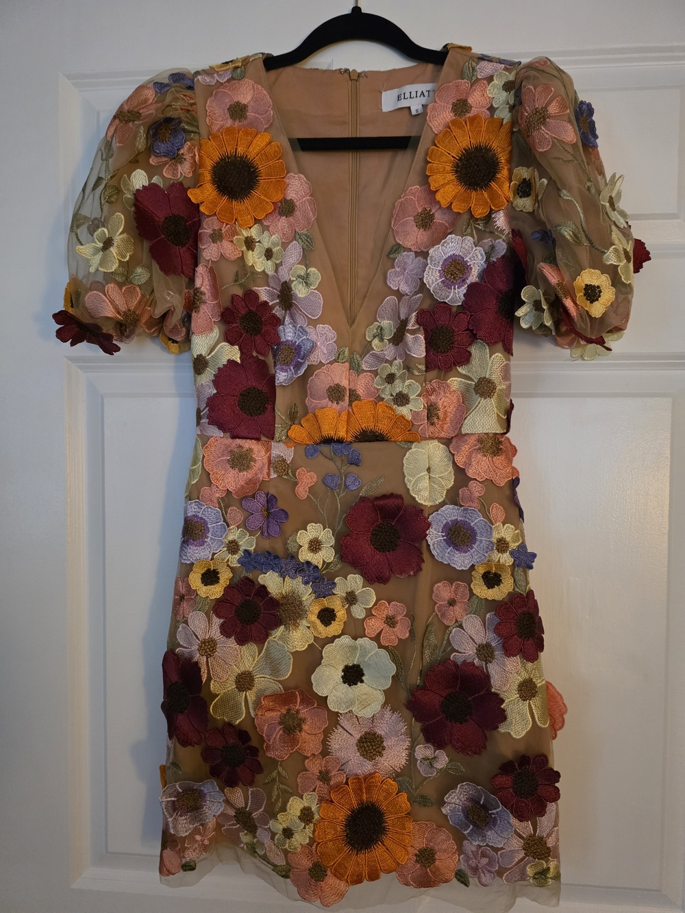 Elliatt Nude Mesh Mini Dress with Multicolor Floral Appliqués